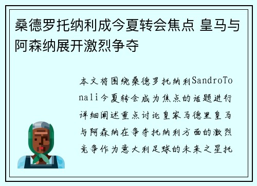 桑德罗托纳利成今夏转会焦点 皇马与阿森纳展开激烈争夺