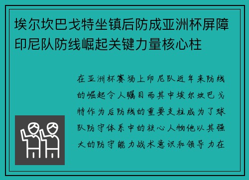 埃尔坎巴戈特坐镇后防成亚洲杯屏障印尼队防线崛起关键力量核心柱